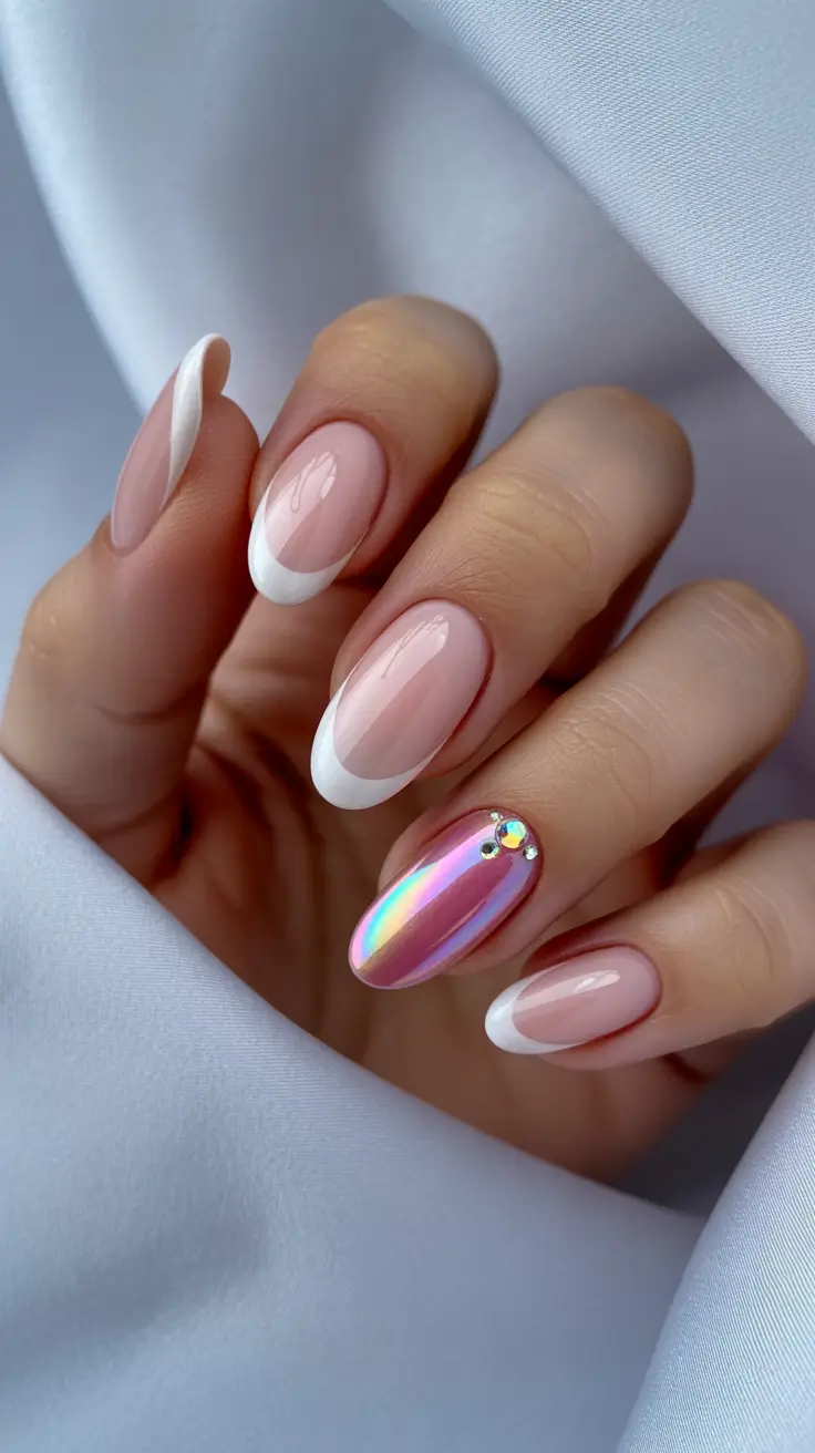 creative acrylic nails 2026 Soft French Almond with Pink Chrome Accent