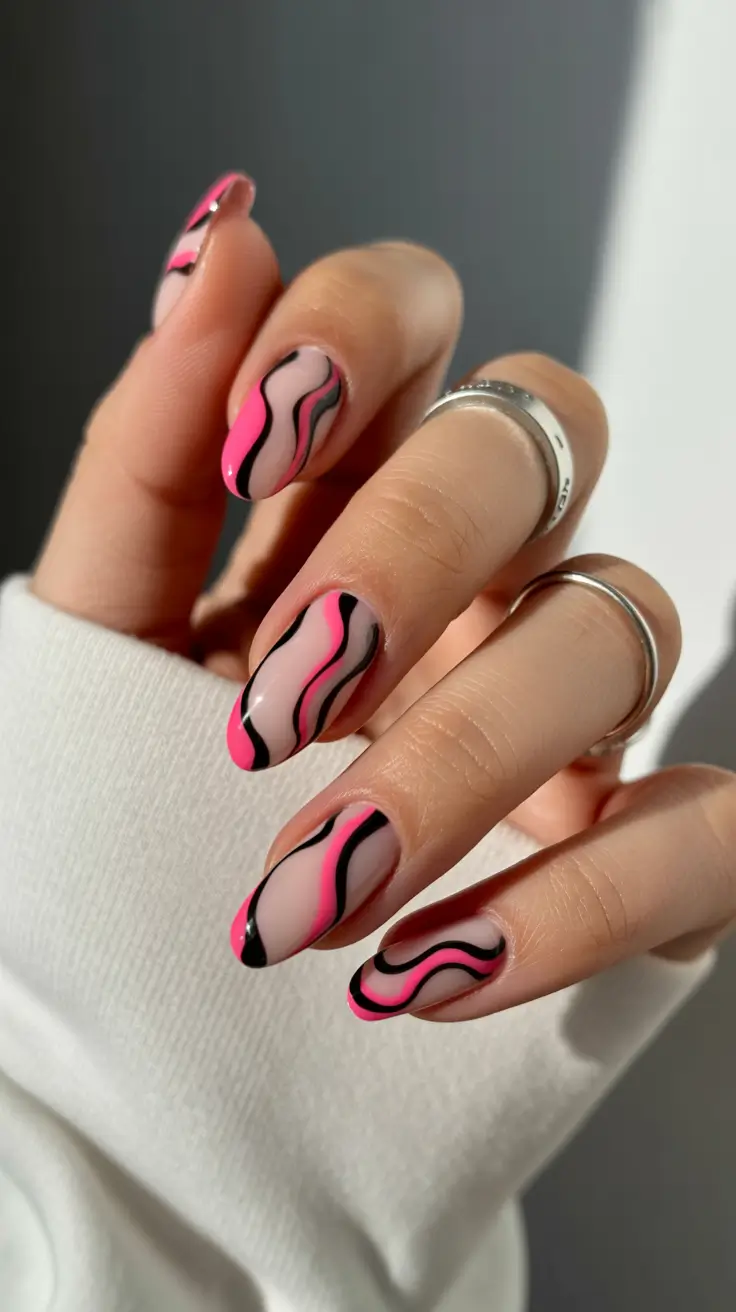 creative acrylic nails 2026 Pink Wave Motion Almond Art