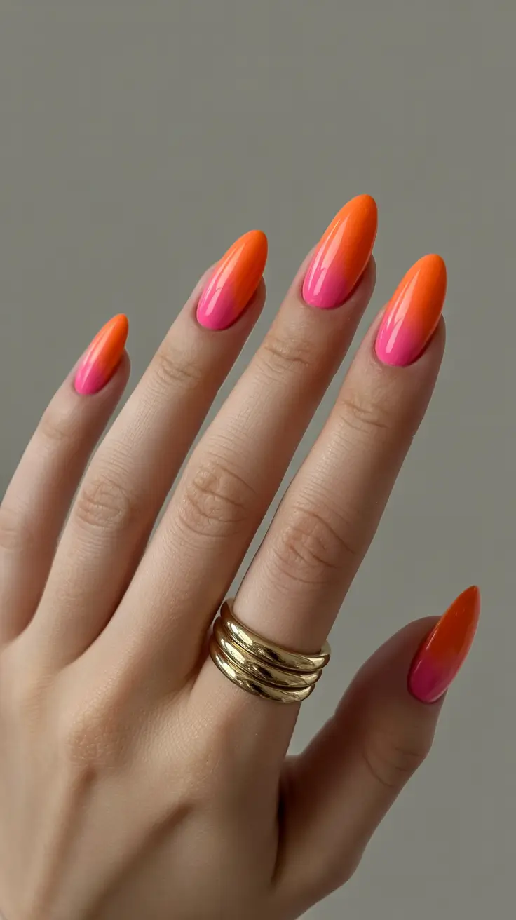 creative acrylic nails 2026 Sunset Fade Neon Almond Glow