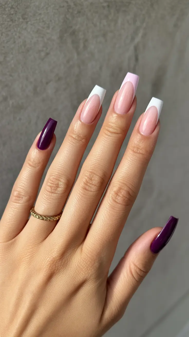 creative acrylic nails 2026 Modern Purple Meets Minimal French Geometry