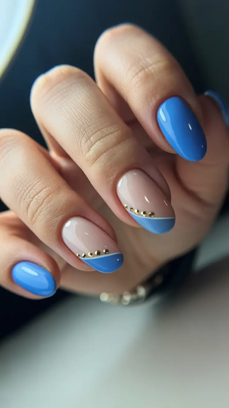creative acrylic nails 2026 Blue Accent With Metallic Detail