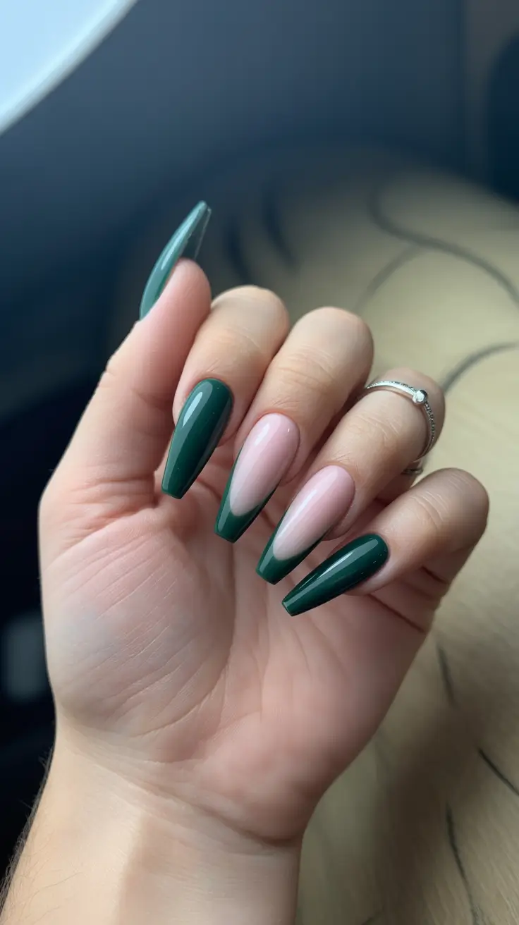 creative acrylic nails 2026 Deep Forest French With a Sculpted Twist