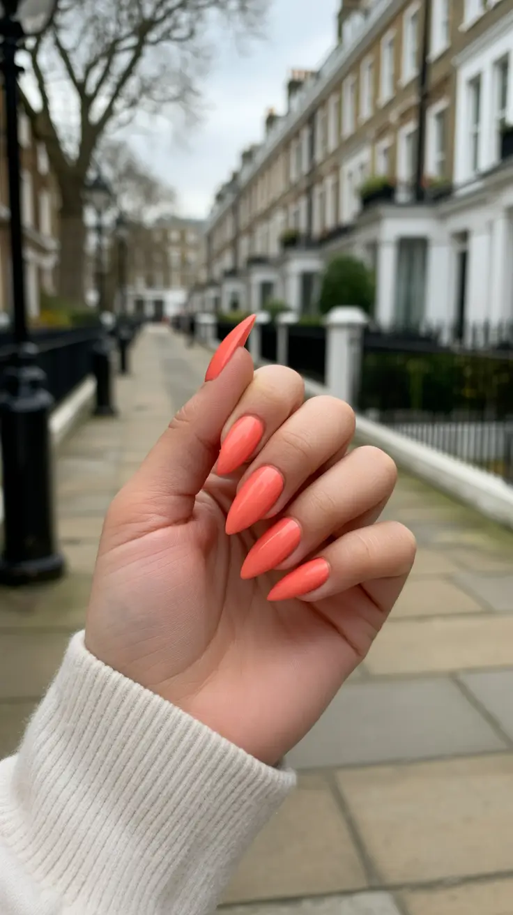 creative acrylic nails 2026 Vibrant Coral Almond Burst