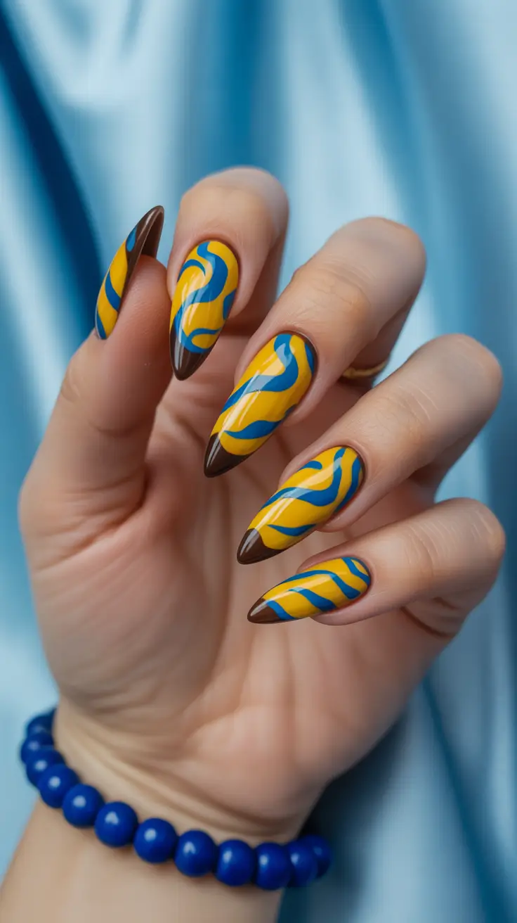creative acrylic nails 2026 Blue and Brown Swirl Illusion