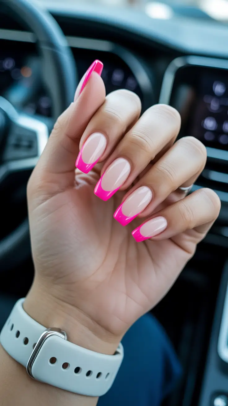 creative french nails 2026 Hot Pink Modern Square French