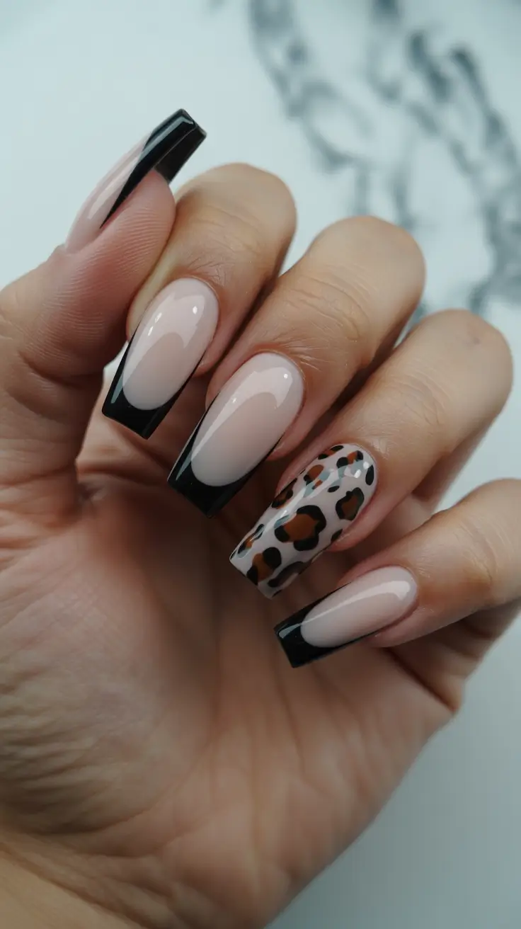 creative french nails 2026 Black Chrome French With Leopard Accent
