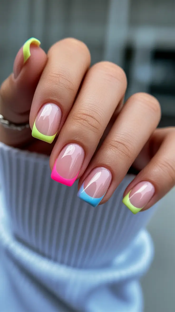 creative french nails 2026 Neon Trio Rainbow French
