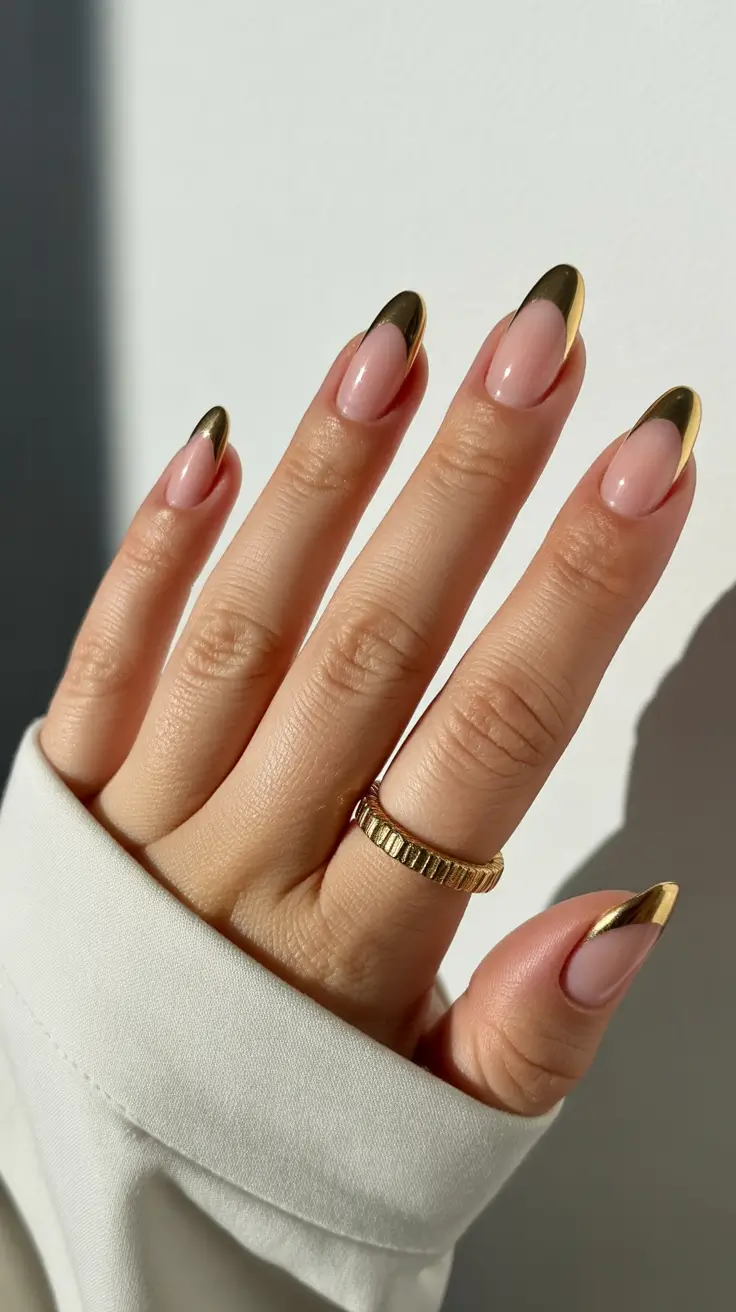 creative french nails 2026 Metallic Gold Almond French