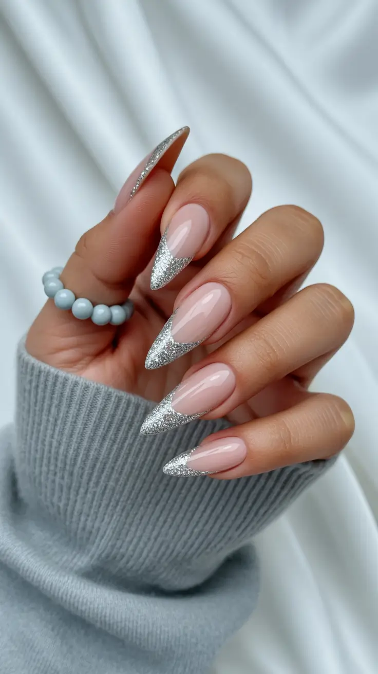 creative french nails 2026 Silver Stiletto Spark French