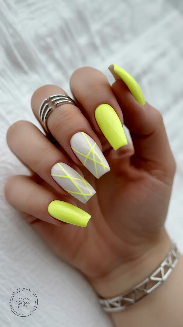 gel nail designs 2026 Neon Geometry With Soft Neutral Contrast