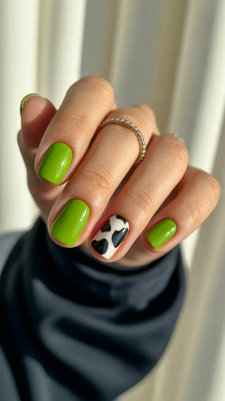 gel nail designs 2026 Lime Green Pop With Cute Cow-Print Accent