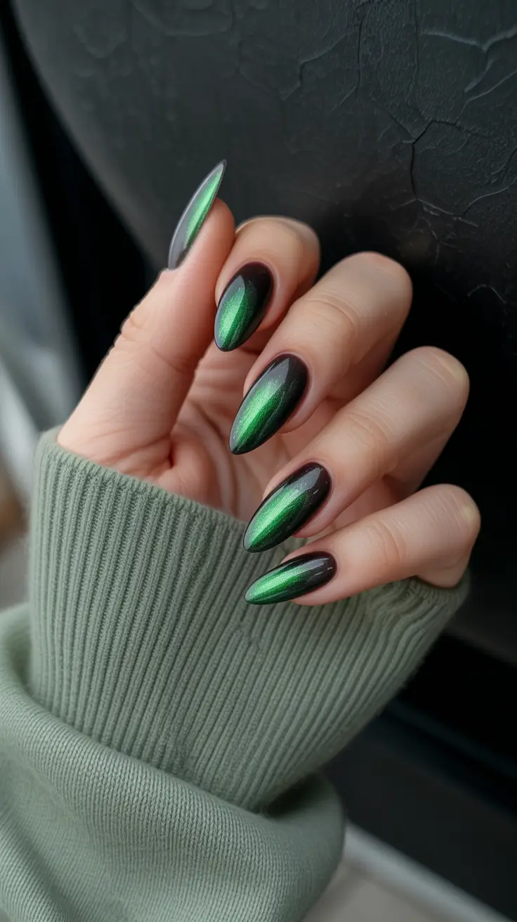 gel nail designs 2026 Emerald Cat-Eye Glow With Deep Gradient Edges