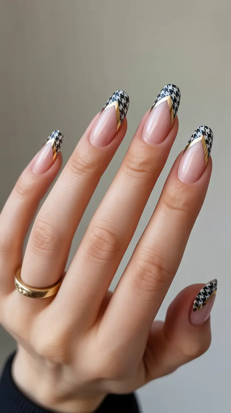 gel nail designs 2026 Houndstooth French Tips With Gold Accents