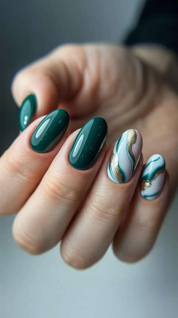 gel nail designs 2026 Deep Green With Gold-Edged Seafoam Marbling