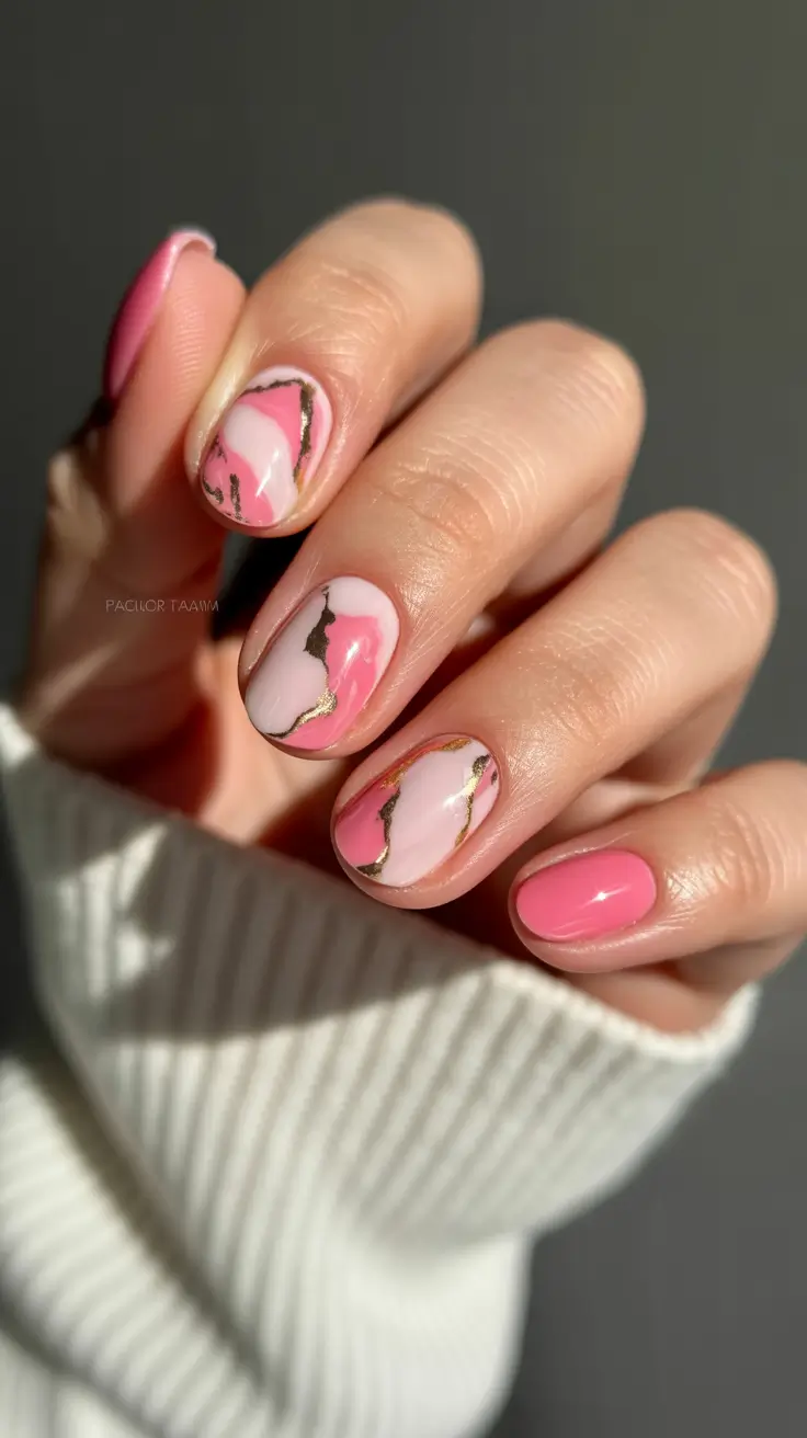gel nail designs 2026 Pink Marble Swirl With Gold Veining