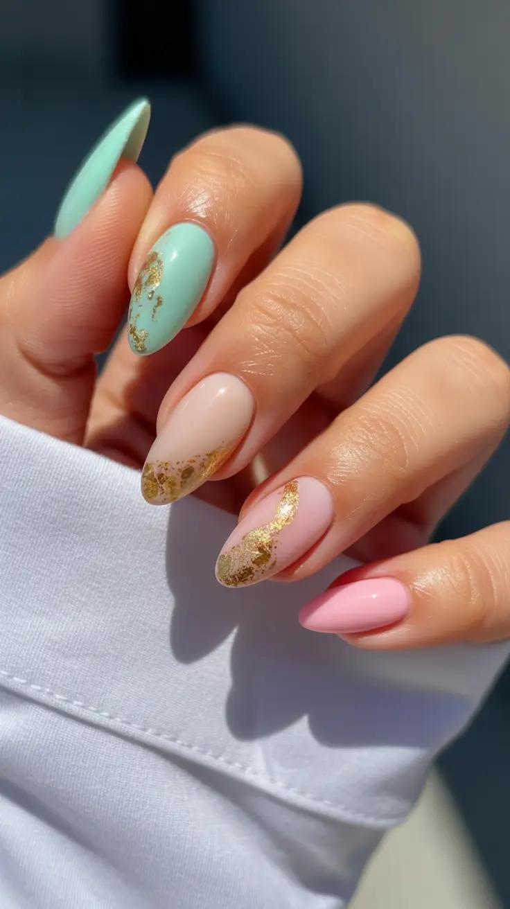 gel nail designs 2026 Mint and Blush With Gold Leaf Detail