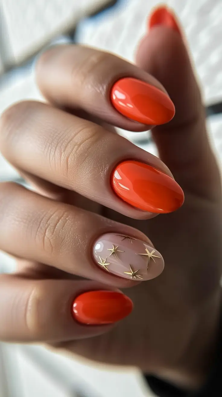 gel nail designs 2026 Vibrant Red With Gold Star Accents