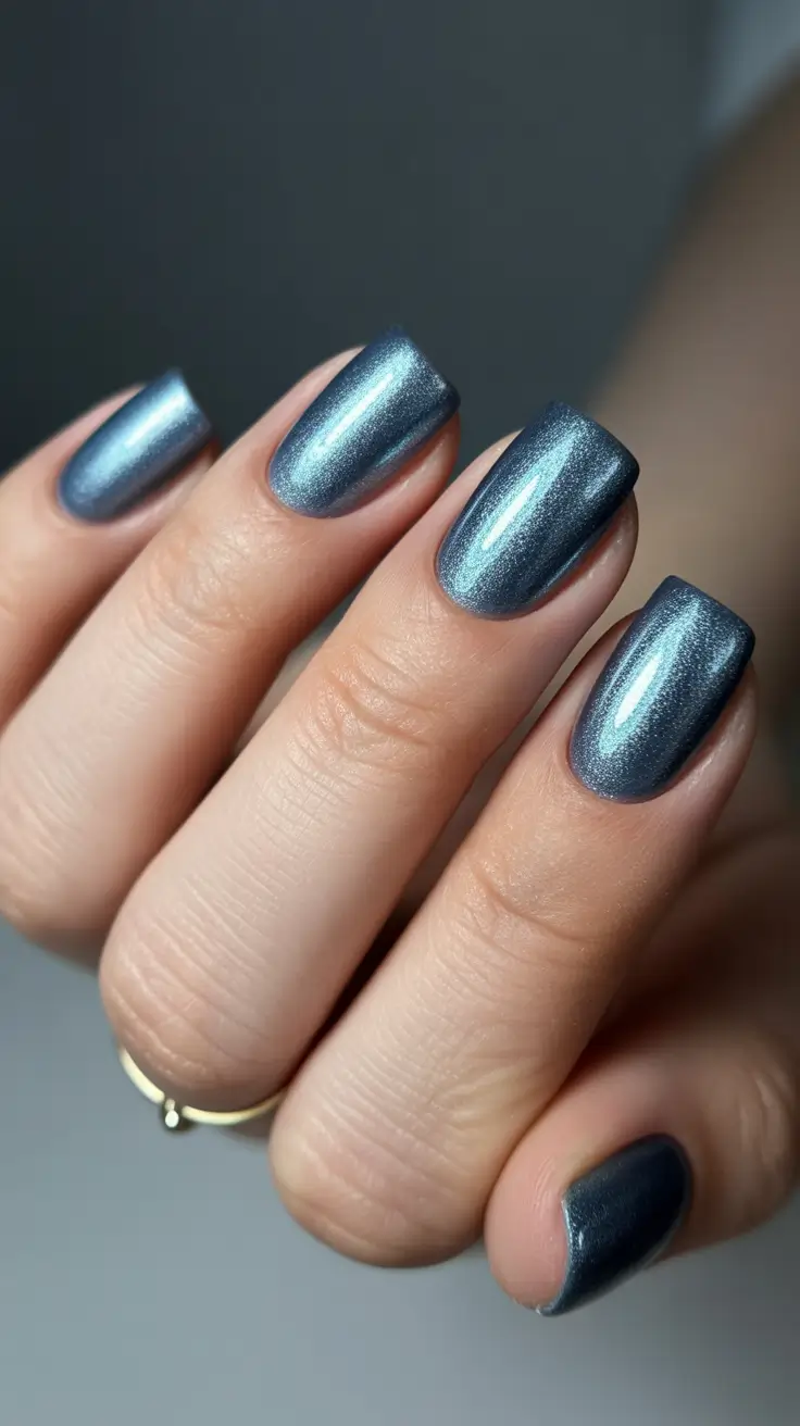 gel nail designs 2026 Steel-Blue Metallic Shine on Short Square Nails