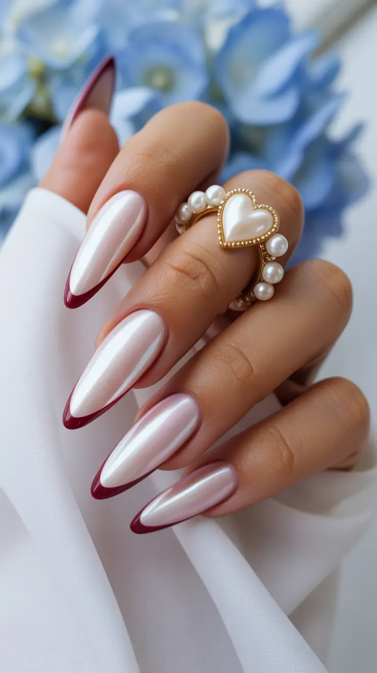 gel nail designs 2026 Pearl Sheen Almond French With Cherry-Tint Tips