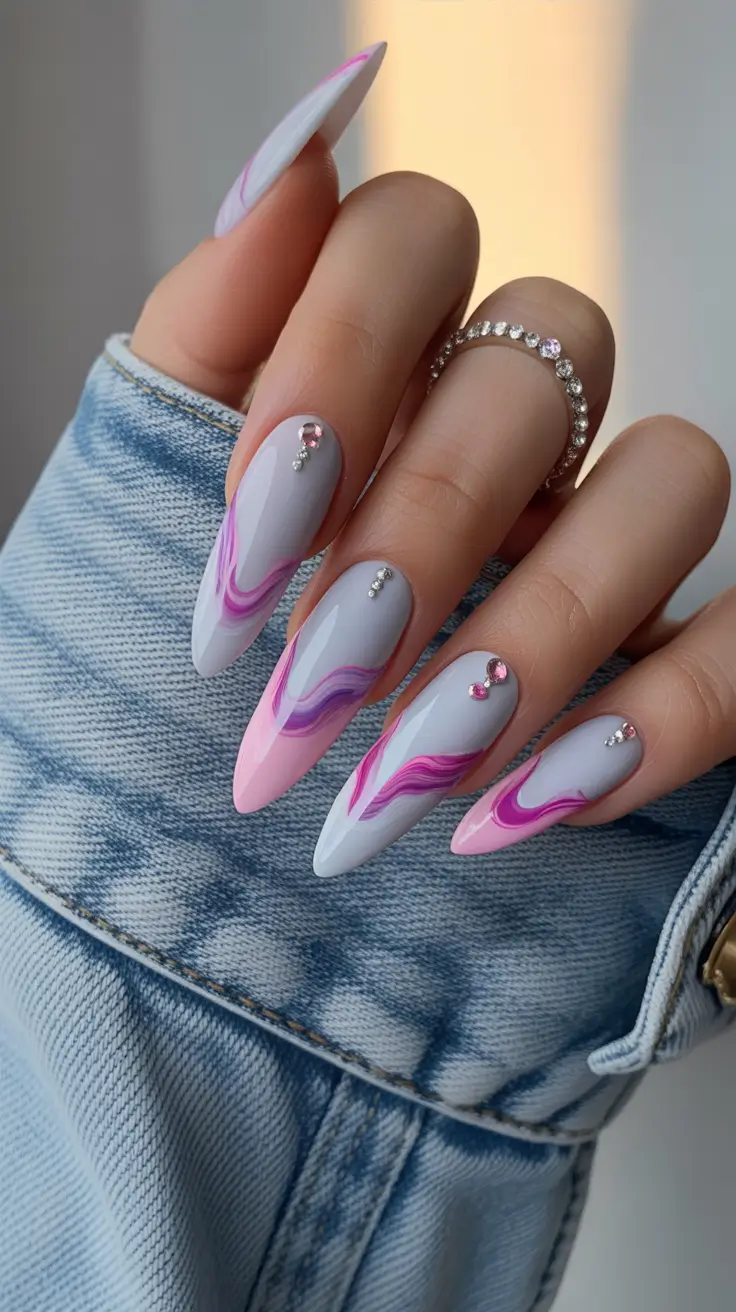 gel nail designs 2026 Pink Wave Art With Crystal Accents