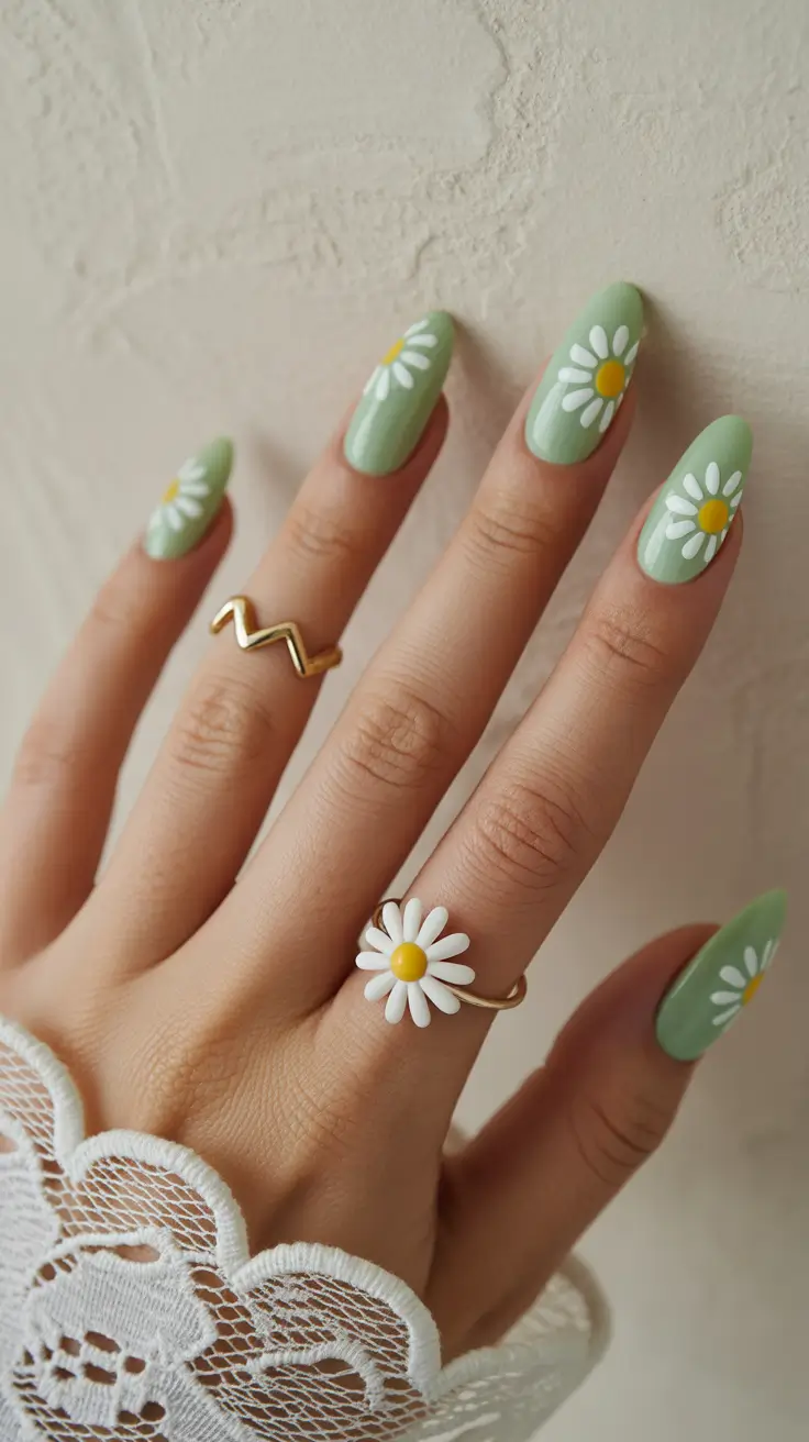 green nail designs 2026 Pastel Daisy Fields