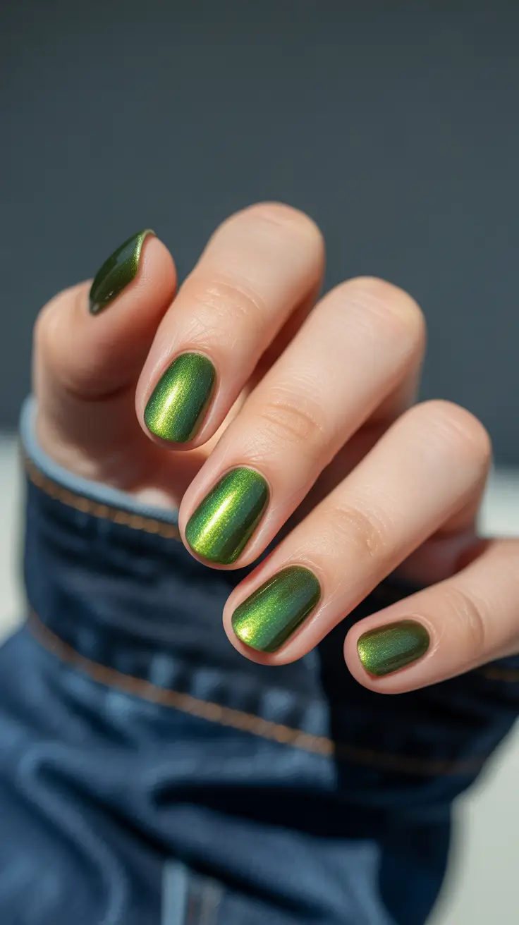green nail designs 2026 Dark Olive Metallic Glow