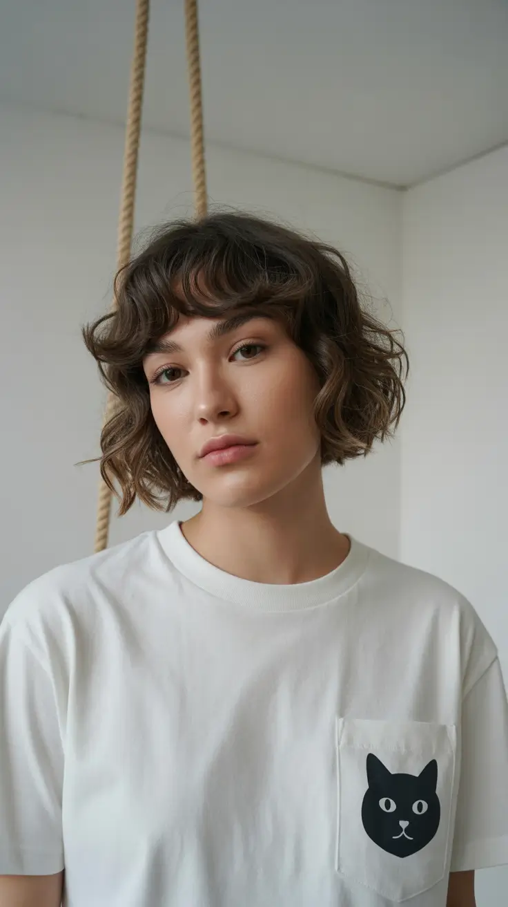 haircuts for thin fine hair round face Soft Curly Bob with Wispy Bangs