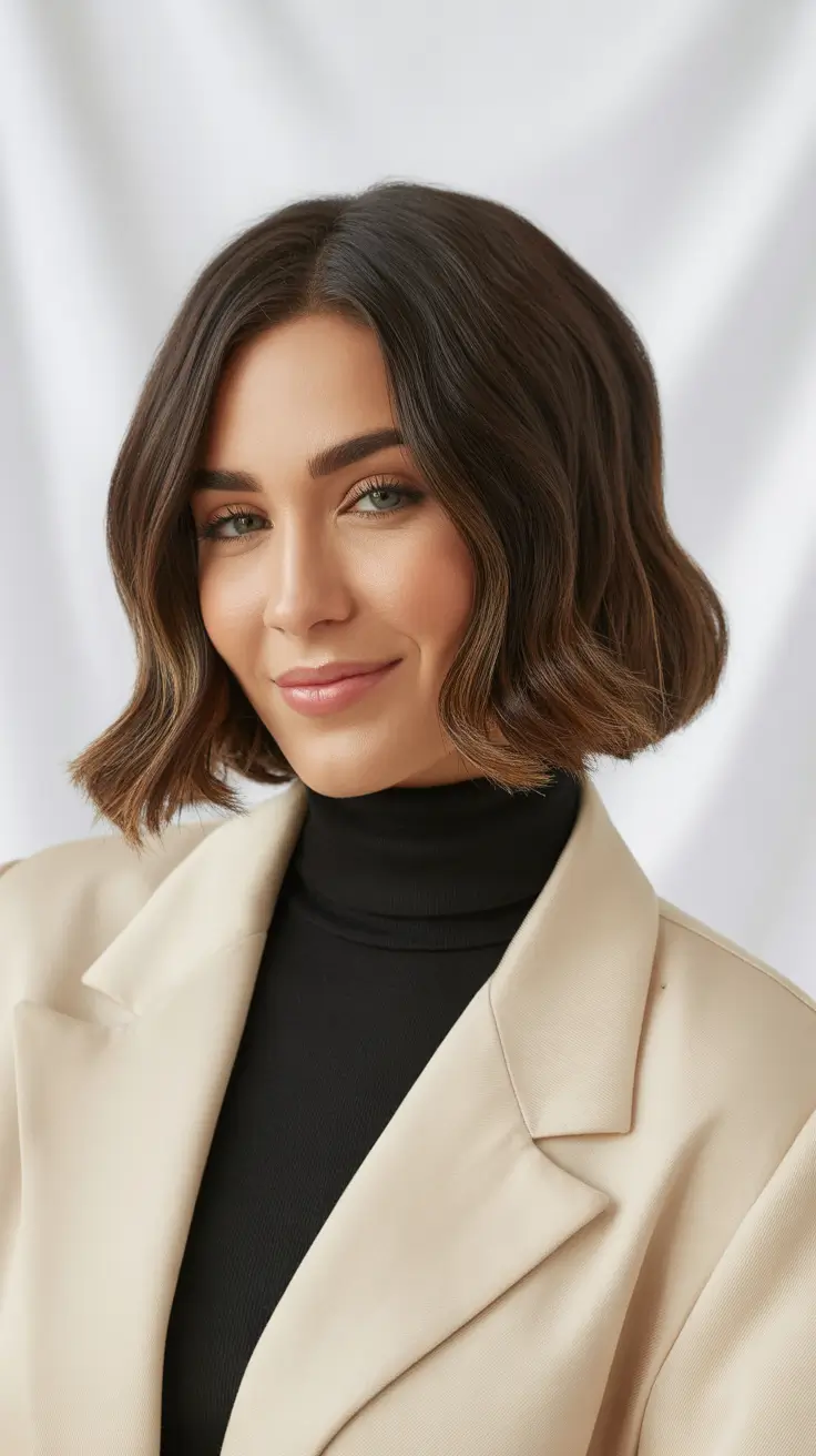 haircuts for thin fine hair medium shoulder length Polished Wavy Bob with Glossy Finish