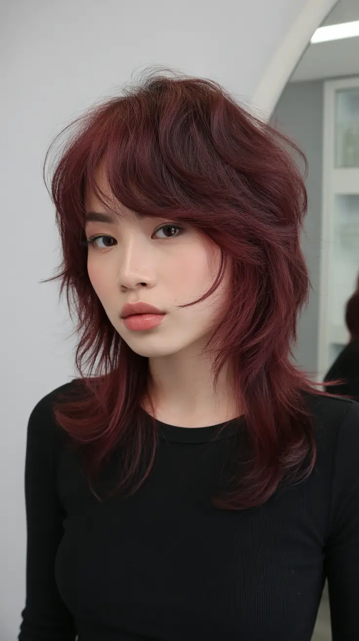 Hairstyles inspiration for 2026 Layered Burgundy Shag With Soft Windswept Texture