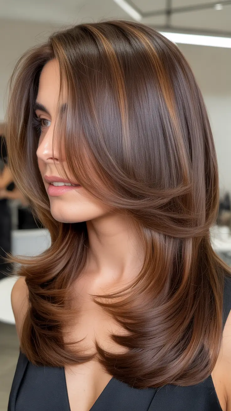 Hairstyles inspiration for 2026 Layered Chocolate Blowout With Golden Veil Highlights