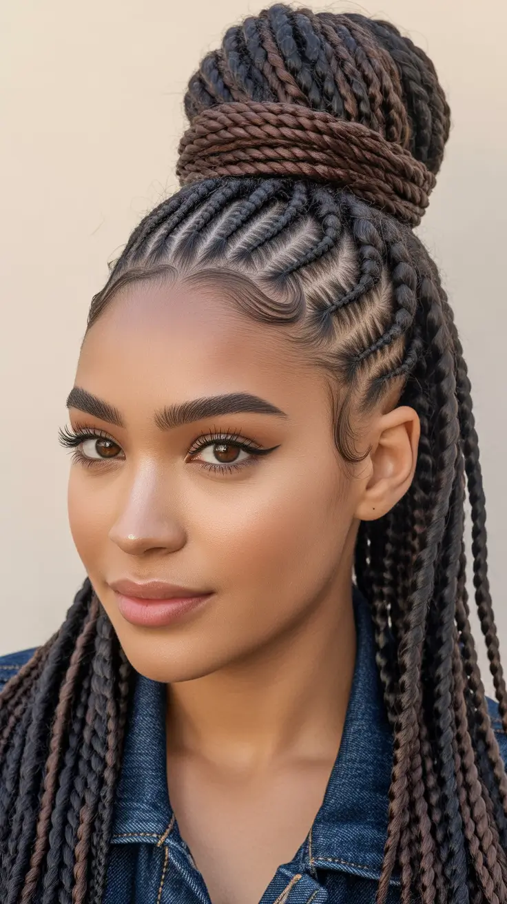 Modern braids hairstyles 2026 Big box braids bun
