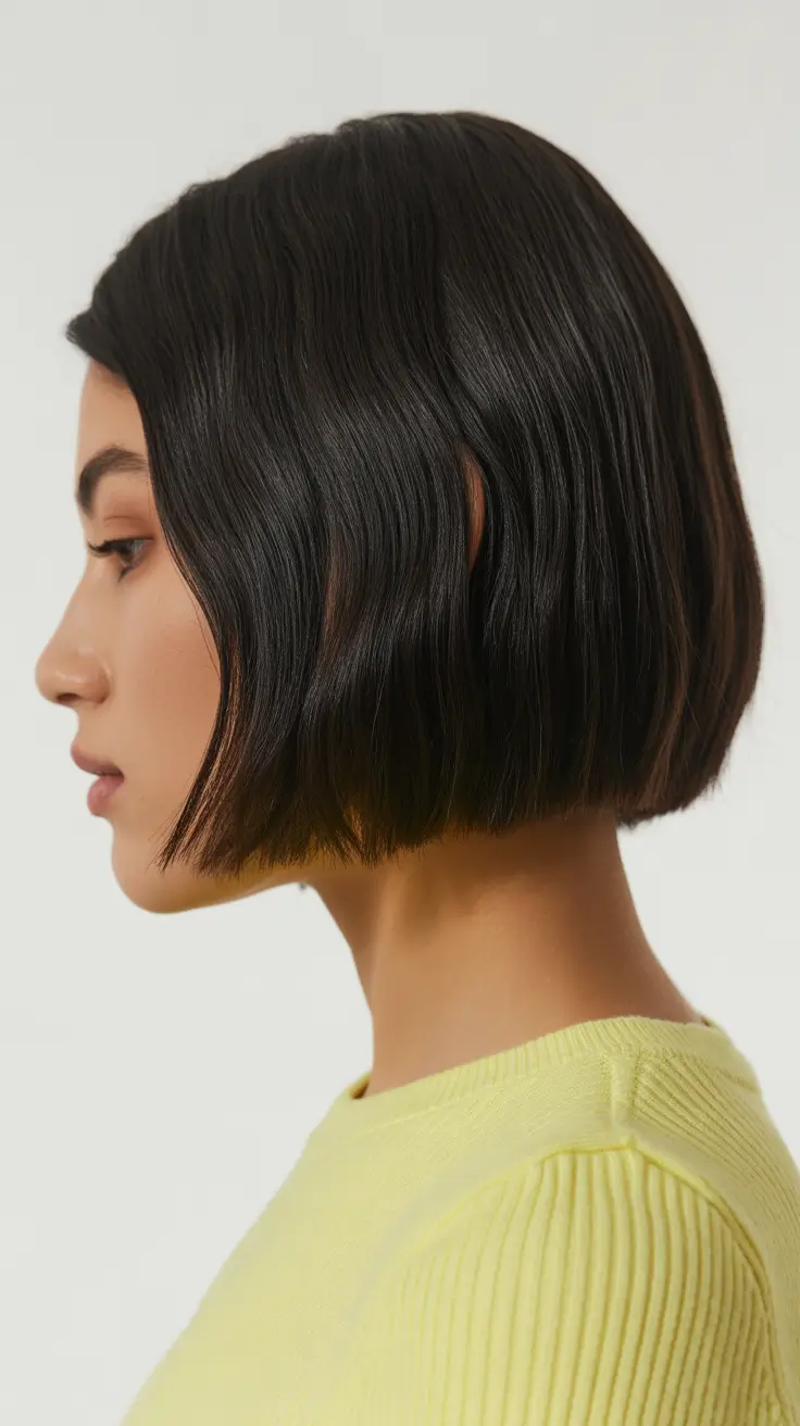 Modern medium-length haircuts 2026 Jet Black Sleek French Bob