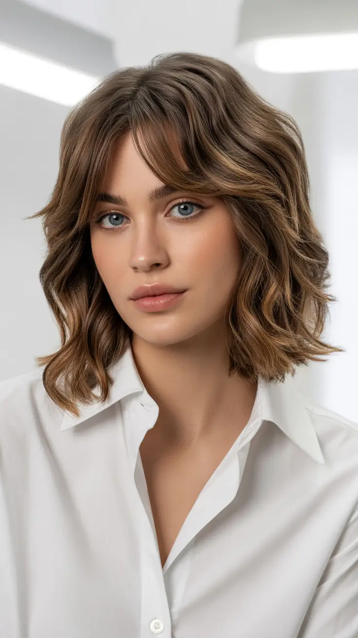Modern medium-length haircuts 2026 Soft Wavy Layers with Natural Bangs