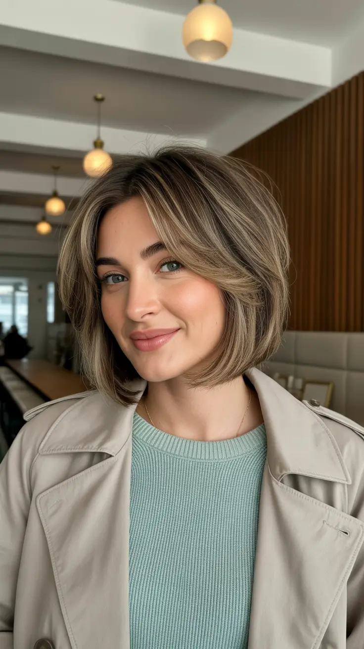 Modern medium-length haircuts 2026 Soft Layered Volume Cut with Curtain Bangs