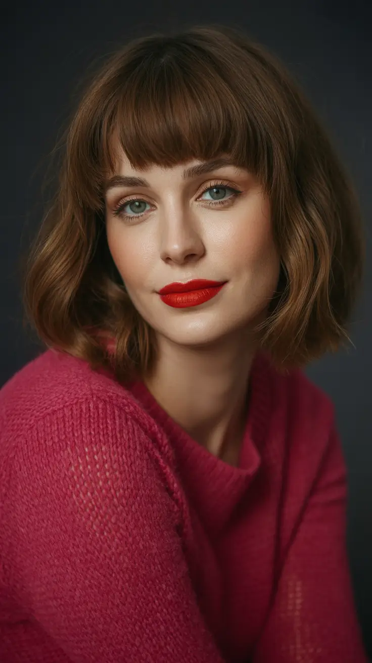 Modern medium-length haircuts 2026 Chic Wavy Bob with Full Bangs