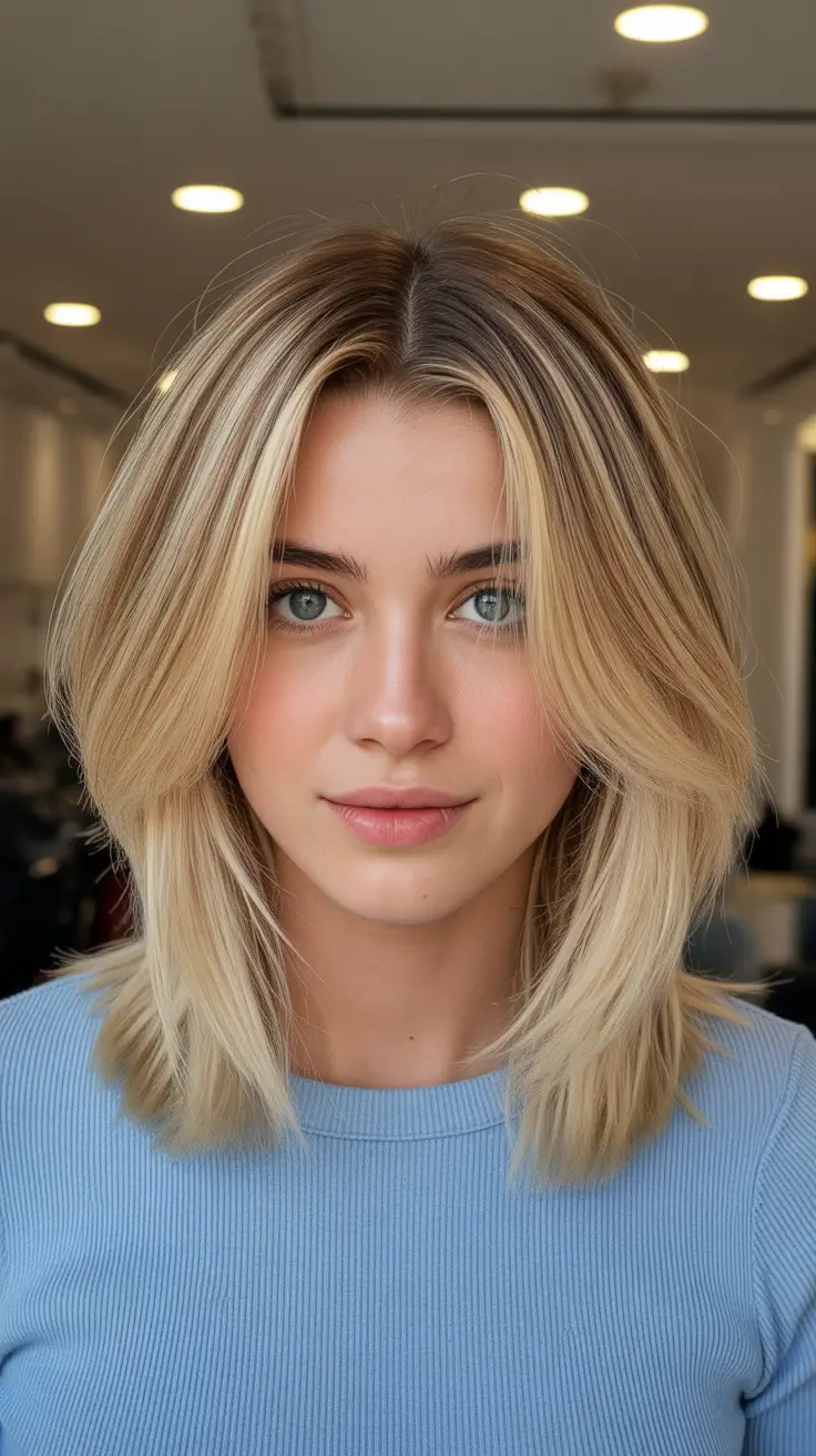 Modern medium-length haircuts 2026 Sunny Blonde Layered Curtain Cut