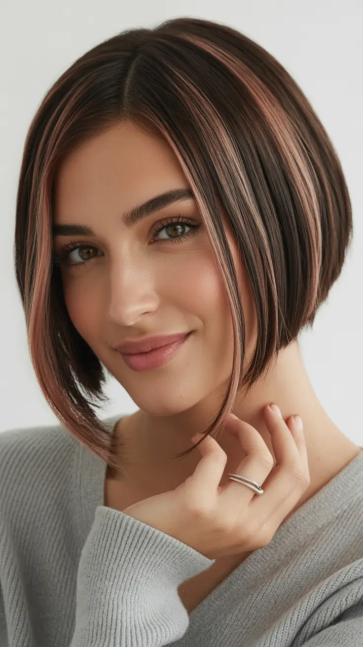 Modern short haircuts trends 2026 Softly Angled Bob with Rose-Toned Highlights