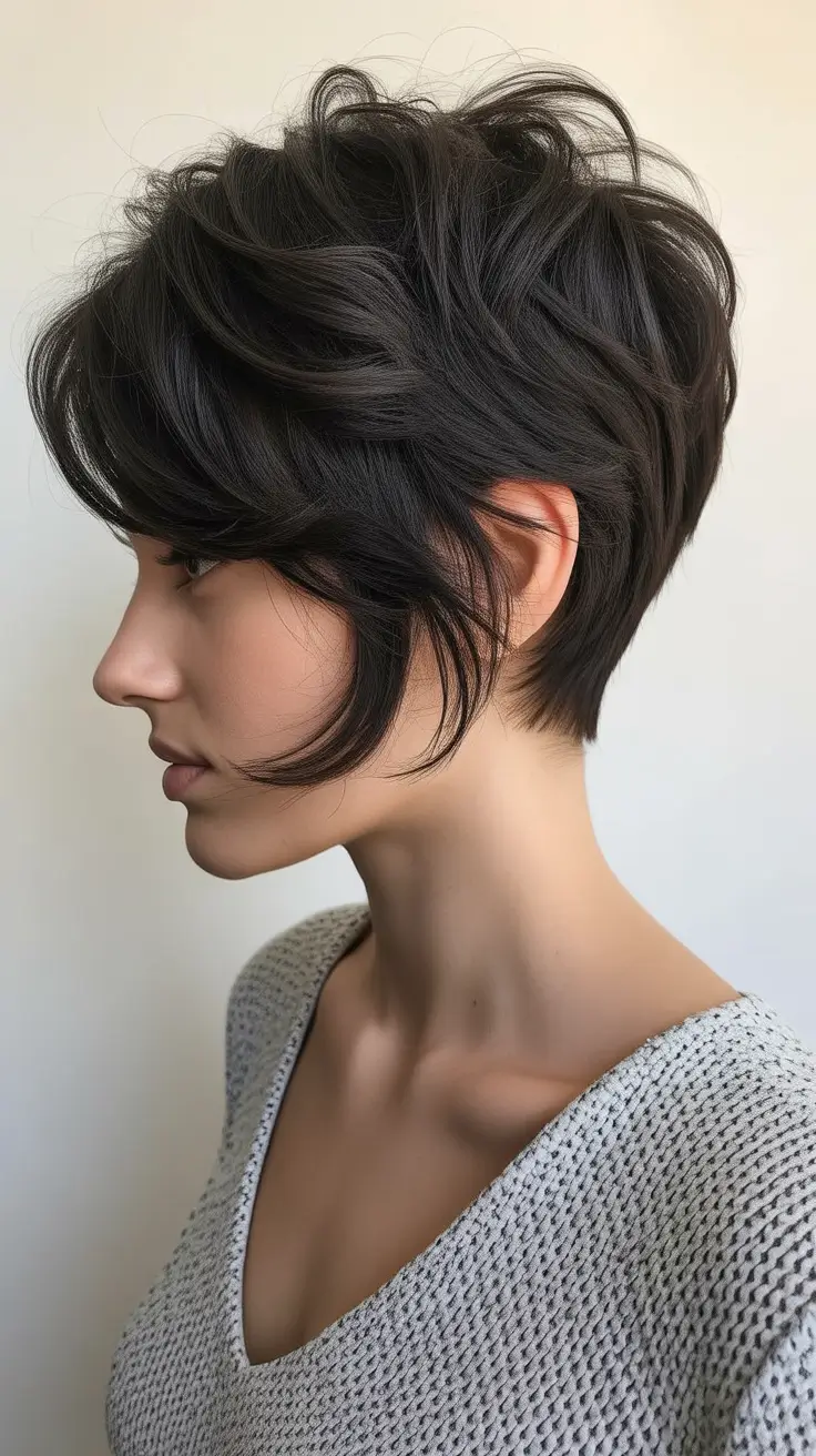 Modern short haircuts trends 2026 Textured Layered Pixie for Thick Hair