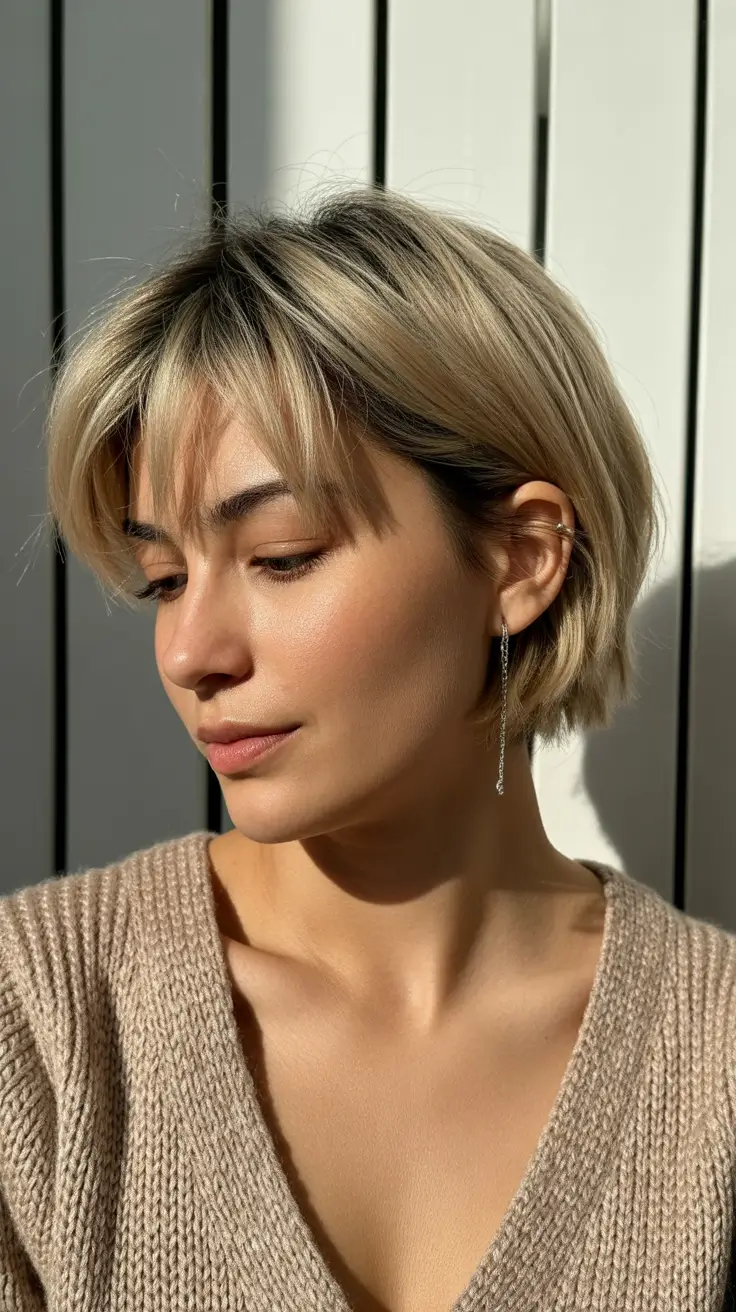 Modern short haircuts trends 2026 Soft Layered Bob with Curtain Bangs