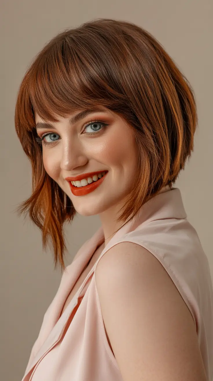 Modern short haircuts trends 2026 Coppery Layered Bob with Full Bangs
