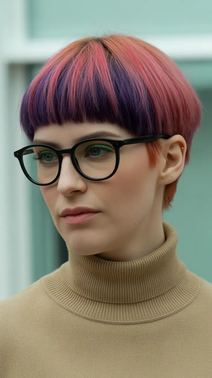 Modern short haircuts trends 2026 Vivid Two-Tone Bowl Cut