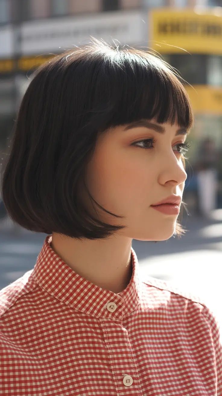 Modern short haircuts trends 2026 Parisian Sleek Bob with Baby Bangs