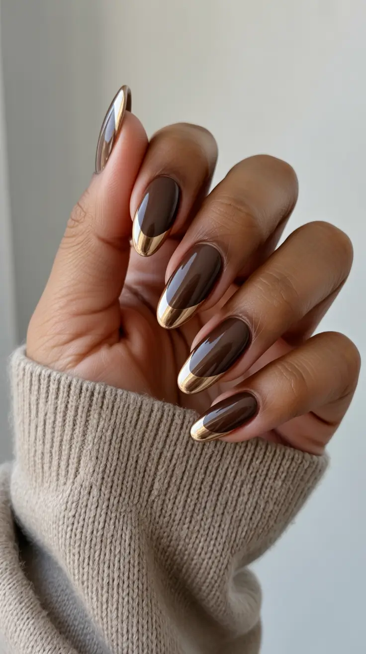 nail colors for brown skin 2026 - Molten Gold Tips on Cocoa Brown