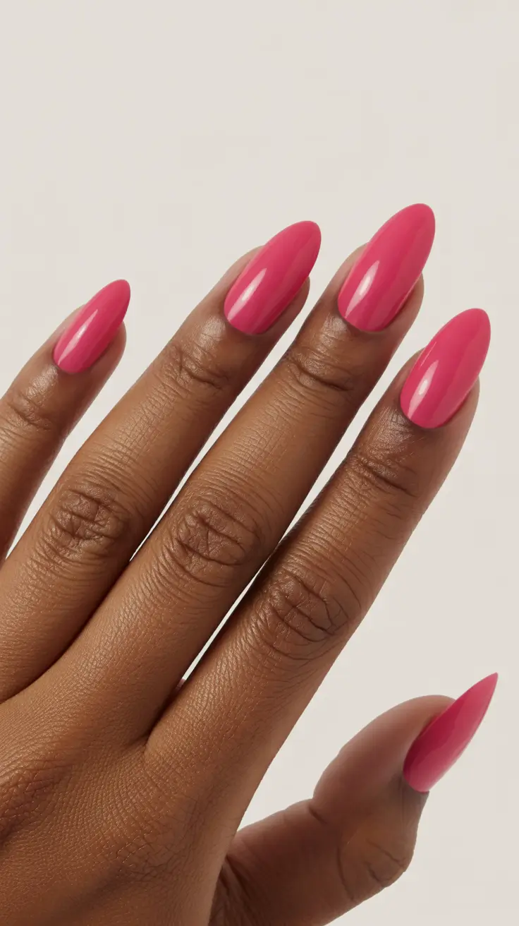 nail colors for brown skin 2026 - Glossy Hot Pink Almond Nails