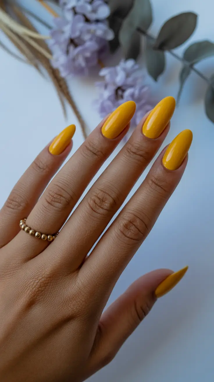 nail colors for brown skin 2026 - Golden Marigold Almond Glow