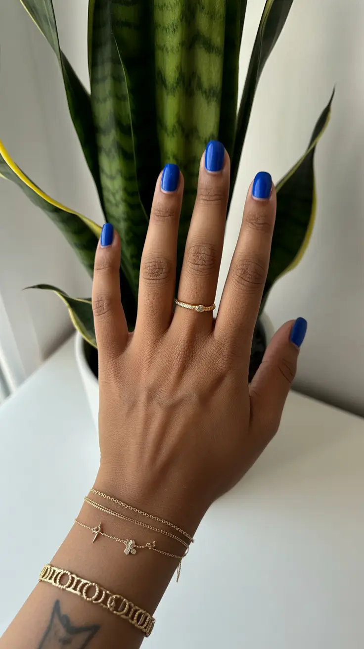 nail colors for tan skin 2026 Vivid Cobalt Blue for Energetic Contrast