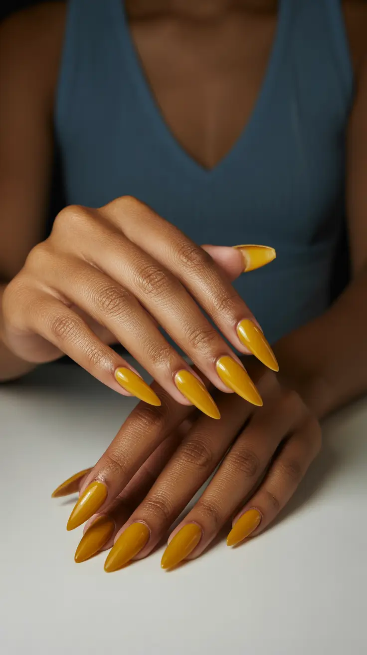 nail colors for tan skin 2026 Golden Mustard Shine for Bold Warmth