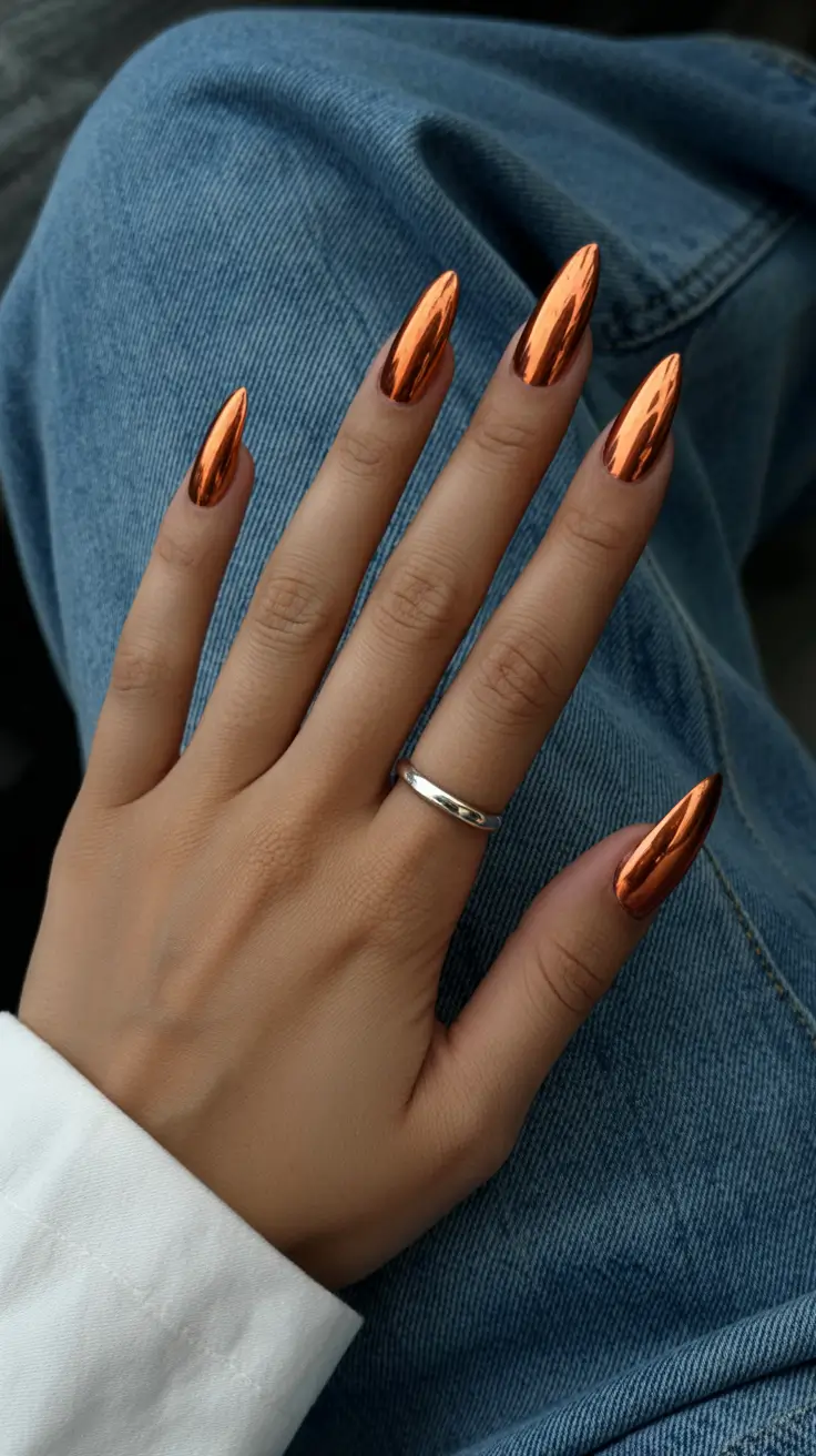 nail colors for tan skin 2026 Molten Copper Chrome for High-Impact Shine
