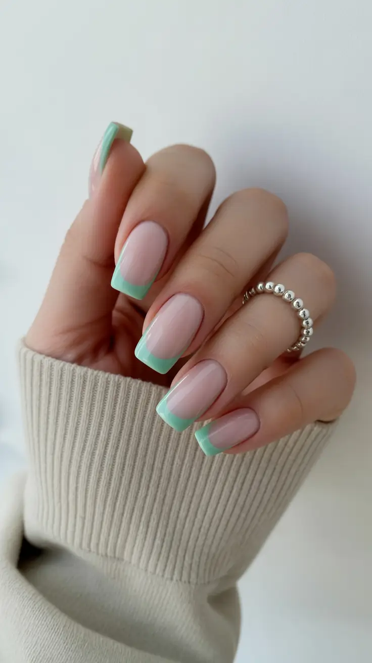 neutral nails aesthetic 2026 Mint-Tipped French Chic