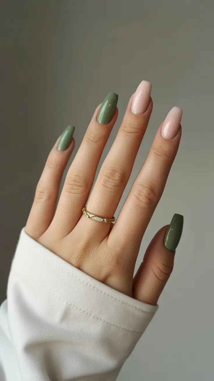neutral nails aesthetic 2026 Sage and Soft Pink Dual Tones